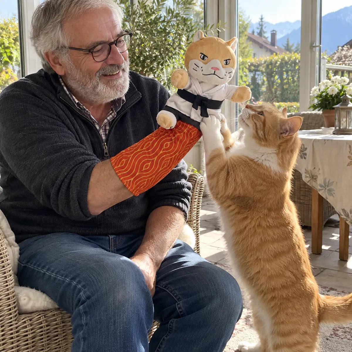 Symbolbild: Ein Kater packt den Handschuh mit beiden Pfoten.