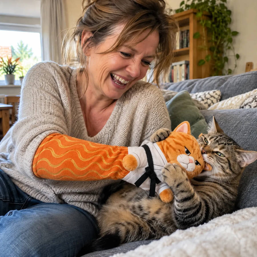 Symbolbild: Nachher: die Katze beißt den Handschuh.