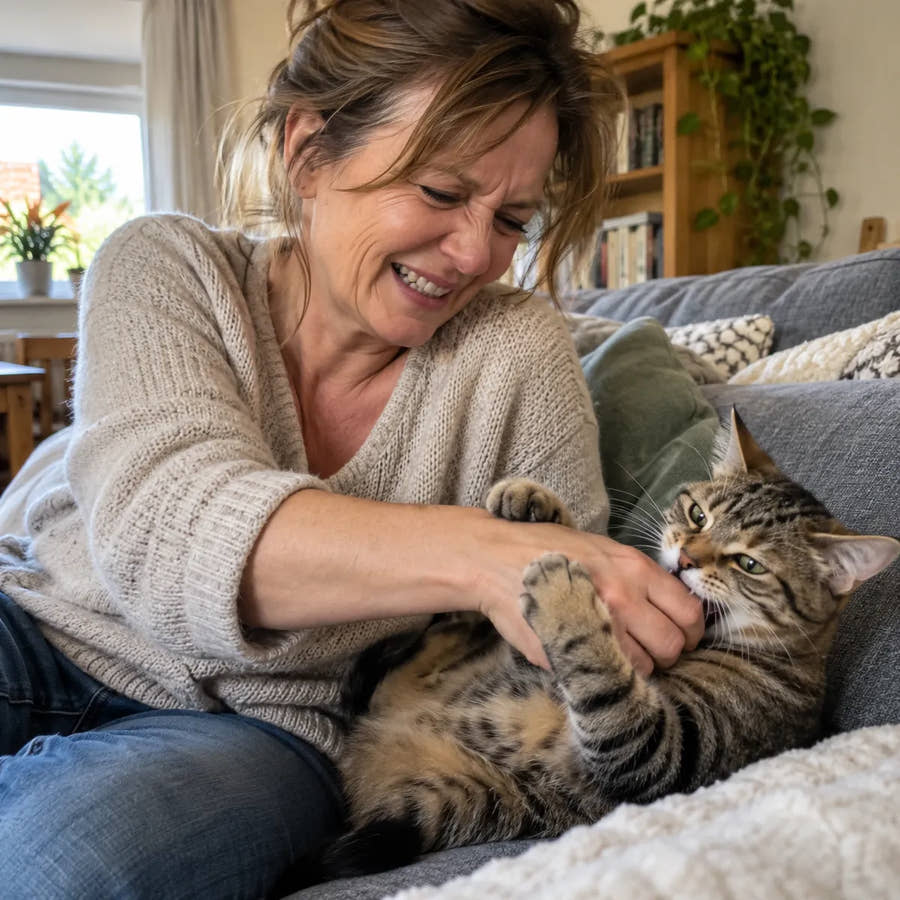 Symbolbild: Vorher: die Katze beißt in die bloße Hand.